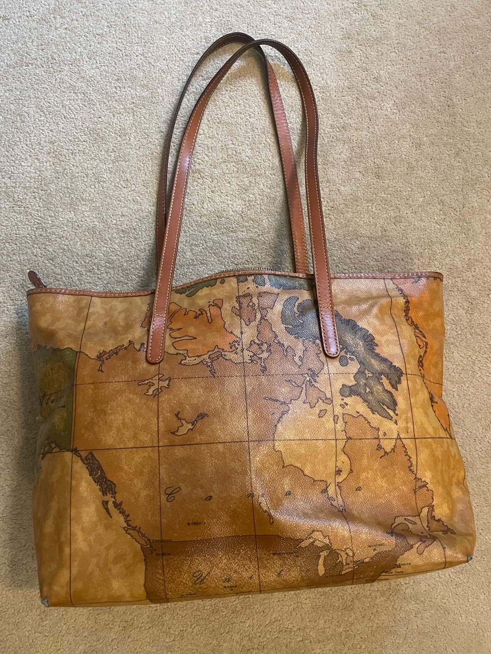 Alviero Martini Map-Print Tote in Tan and Brown